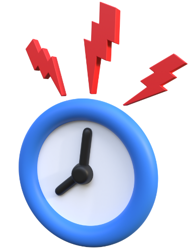 blue plastic analog clock with no numbers and black hands and 3 red lightning bolts pointing to the clock
