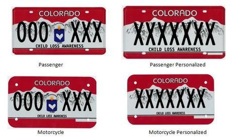 Child Loss Awareness License Plate with Red Background and white mountains with logo in middle