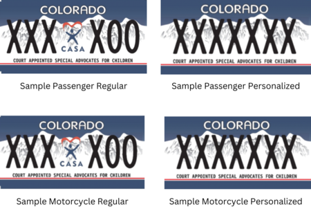 Court Appointed Special Advocate for Children Colorado License Plate with a slate blue background and white mountains with the C.A.S.A Logo in the middle