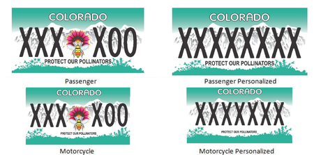 Pollinators License Plate with a light green background and white mountains and a picture of a bee in the middle