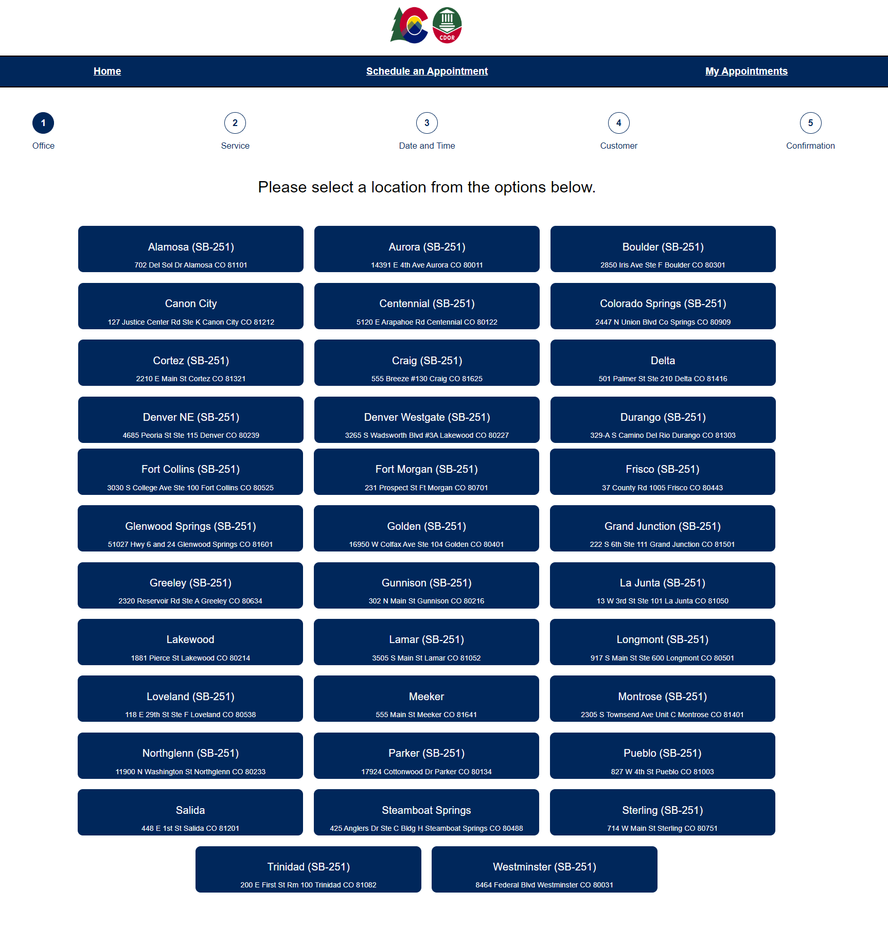 Screen view of the myDMV app where all Colorado DMV locations for Driver Services are listed for customer to click on to schedule an appointment.