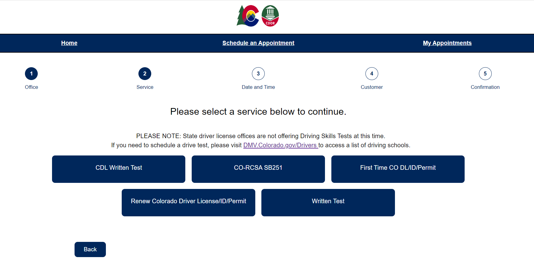 Screen view of myDMV step 4 where you select a service by clicking one of the blue buttons to advance to the next screen.